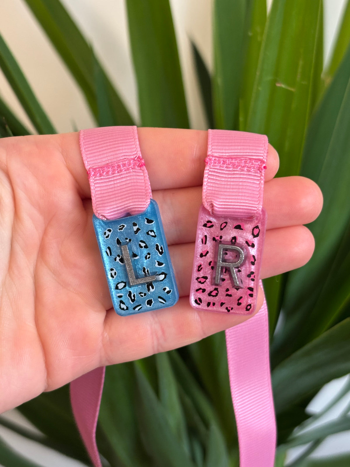 Custom order for Michaela - Leopard print pink and blue + 100cm black ribbon
