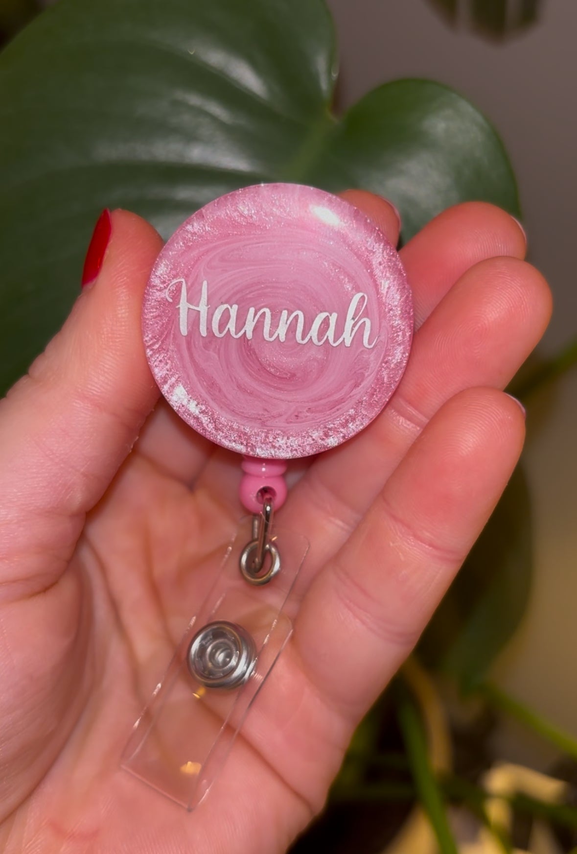 Pink shimmer badge reel personalised with name