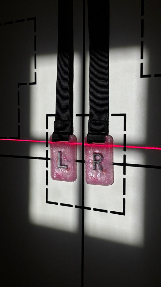 3D printed bows and hearts anatomical X-Ray markers with ribbon